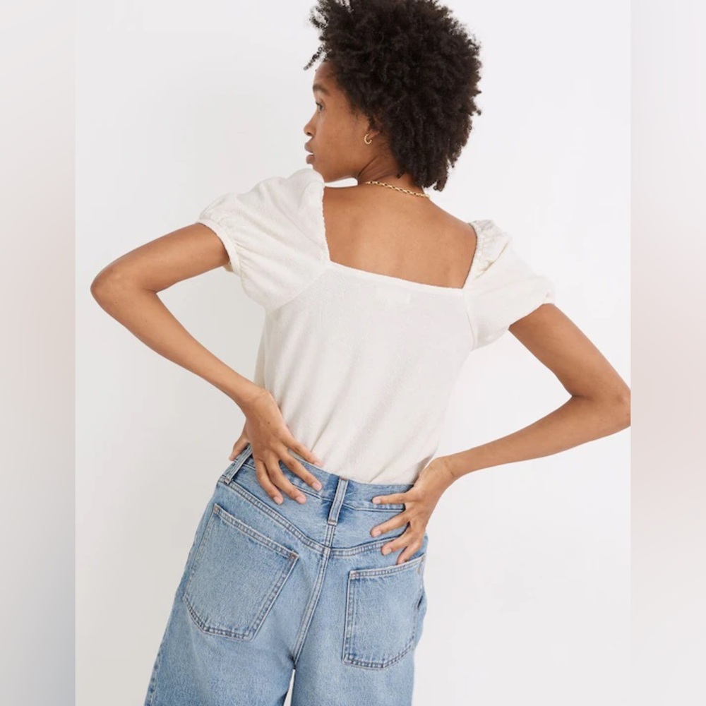Madewell Jacquard Square-Neck Puff-Sleeve Top - Cream - Size Large - Picture 3 of 11